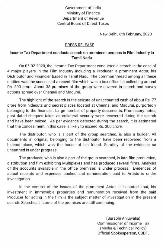 Vijay IT Raid Press Release