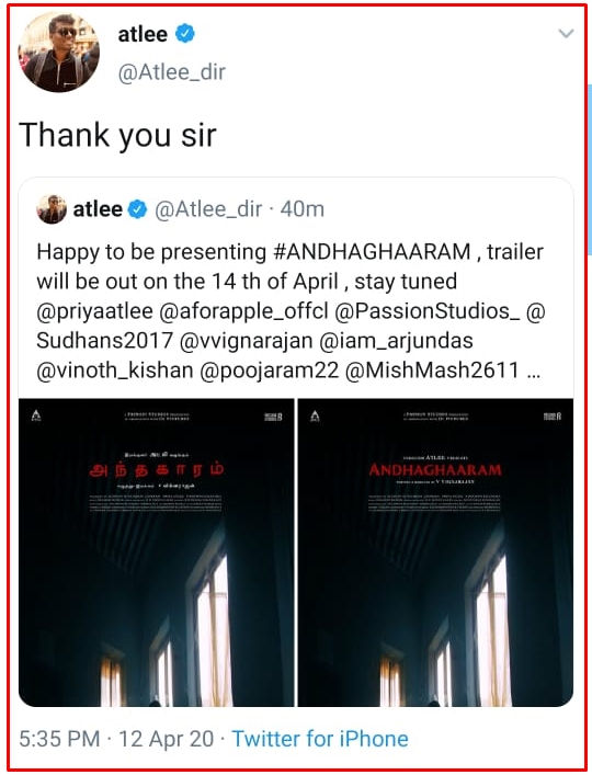 Atlee Tweet About Andhaghaaram